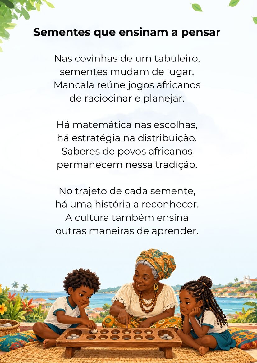 Poema Sementes que ensinam a pensar, com uma mulher negra mais velha e duas crianças jogando mancala.